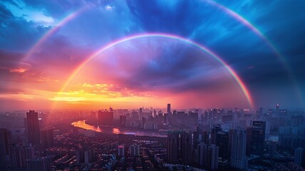 Naklejka premium Equality rainbow shining over a unified cityscape