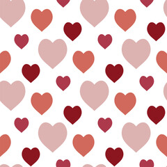 Seamless pattern with pink and red hearts on white background. Vector image.
