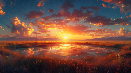 A beautiful sunset over a field with a pond in the foreground