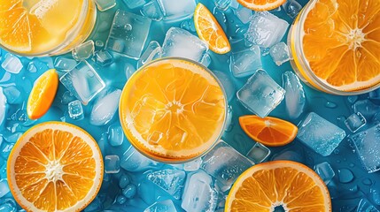 Orange slices and ice cubes with sparkling juice, fresh fruit lemonade with sparkling water and ice cubes, summer lemonade orange drink. Flat lay, top view, generative ai,  - obrazy, fototapety, plakaty