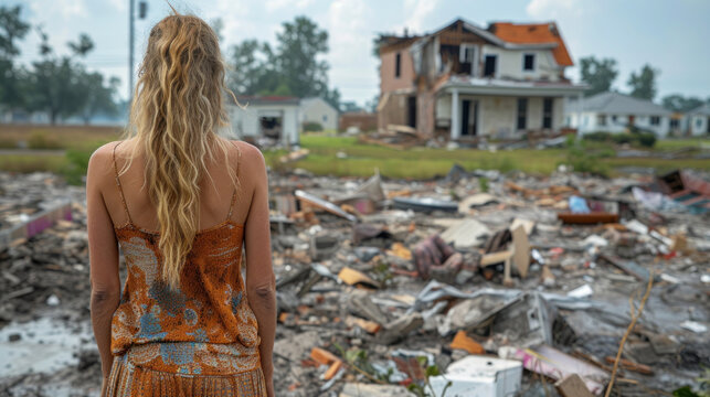 Woman Standing in Front of Destroyed House