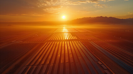 A large field of solar panels is illuminated by the sun