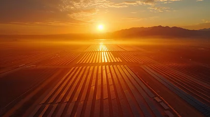 Foto op Plexiglas A large field of solar panels is illuminated by the sun © CtrlN