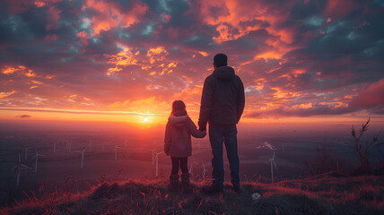 A man and a child are standing on a hill, looking at the sunset - obrazy, fototapety, plakaty