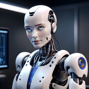 Create a hyper-realistic 4K image of a humanoid robot working as customer support