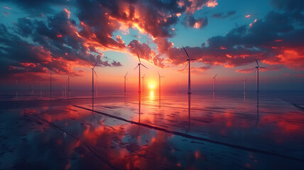A beautiful sunset over a field of wind turbines
