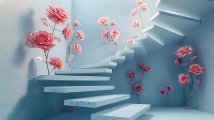 This is a surreal image of a staircase with pink roses growing on the walls. - Powered by Adobe