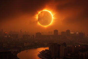 Solar Eclipse Over Skyscraper Silhouette
