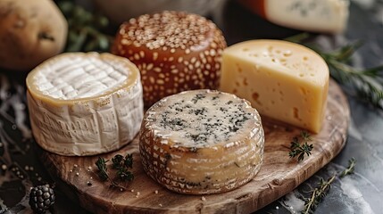 Cheese background. Beautiful assortment of cheeses and vegetables in vintage style on a marble background for design.