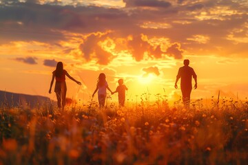 Family enjoying sunset in the countryside