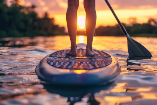 Close up of man paddleboarding at sunset lake