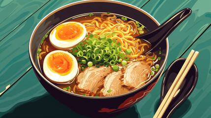A bowl of ramen with noodles, broth, pork, egg, and scallions, served with a spoon and chopsticks.