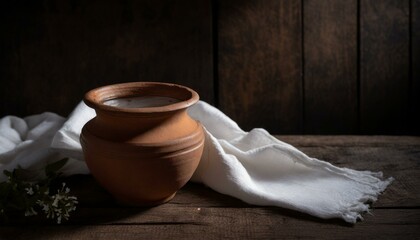 Clay pot with water. Holy Thursday - obrazy, fototapety, plakaty