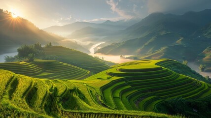 Tranquil rice terraces basking in morning light