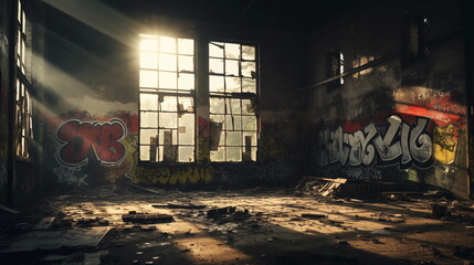 Old house with broken windows and graffiti. Abandoned, messy and trashed house interior with...