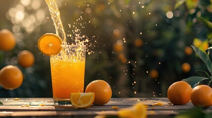 Pouring orange juice into the glass on wooden table in orange farming. , generative ai,  - obrazy, fototapety, plakaty