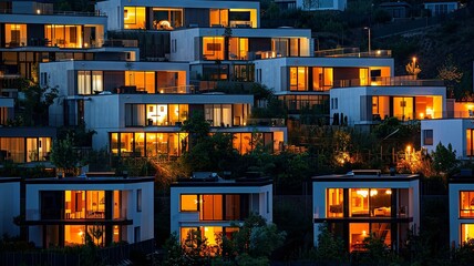 Urban dwellings lit up at dusk