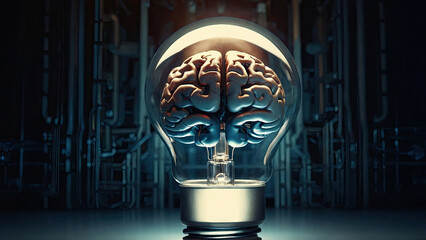 A blub with brain idea concept, Human Brain in a light bulb depicting the brilliance of creative imagination of Ideas and Wisdom, Brainstorming intellectual solutions & Innovative concept of thinking
