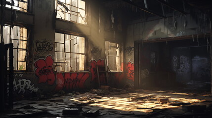 Old house with broken windows and graffiti. Abandoned, messy and trashed house interior with...