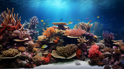 Naklejka na ściany i meble Beautiful coral reef and colorful tropical fish. Tropical Fish on a coral reef