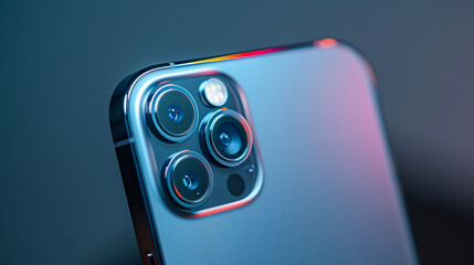 Macro photography of smartphone’s block of cameras. Product shot of the edge of blue grey mobile phone opposite the blurred background behind
