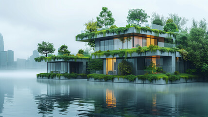 Fototapeta na wymiar A house with a lot of greenery on it is floating on a lake