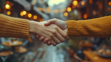 Two People Shaking Hands Over a City Street - obrazy, fototapety, plakaty