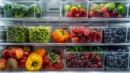 Organized fridge shelves with healthy food - obrazy, fototapety, plakaty