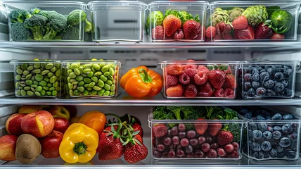 Deurstickers Organized fridge shelves with healthy food © PRI