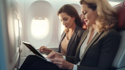 Fotobehang Business woman on a plane using an ipad/tablet. Business woman in suit with tablet on airplane © decorator