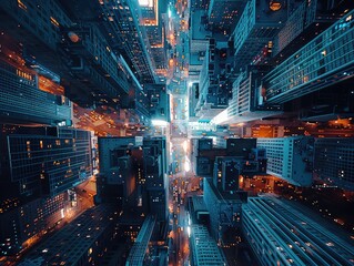 Aerial view of a Glittering skyscrapers, bustling streets, city lights. - obrazy, fototapety, plakaty