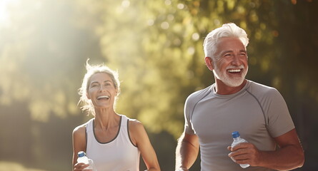 Senior couple is doing sport outdoors. Running in park in the morning.