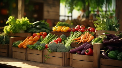 Colourful vegetable and fruit market. Vegetables and fruits at the local market in wooden boxes