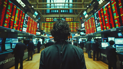 Male businessman standing with his back on the stock market