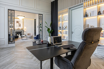 stylish cozy light bright luxurious spacious interior of a country house white walls with...