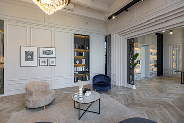 stylish cozy light bright luxurious spacious interior of a country house white walls with...