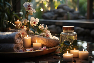 Fototapeta premium SPA still life with candles, stones, orchid and towel. Exclusive accessories for beauty treatments and spas displayed against the backdrop of a luxurious spa table in a sophisticated spa resort