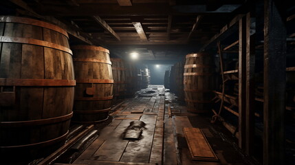 Wooden barrels in a barn. Rows of barrels in a dark barn. - obrazy, fototapety, plakaty