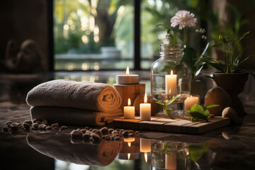 SPA still life with candles, stones, orchid and towel. Exclusive accessories for beauty treatments...