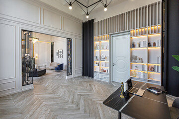 stylish cozy light bright luxurious spacious interior of a country house white walls with ornaments, fireplace, work area and recreation area without people during the day