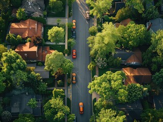 Aerial view of a Tree-lined streets, cozy homes, community gatherings.
