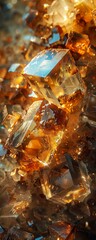 Crystal lattice structure, topaz, magnified view, capturing the allure of minerals, against a backdrop of dark earth tones, with a golden hour lighting effect