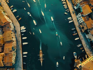 Aerial view of a Busy ports, waterfront promenades, sailing boats gliding. 

