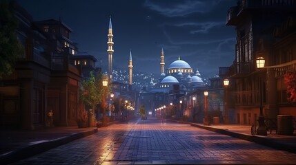 Fototapeta na wymiar Night View of the Street with Mosque in Istanbul