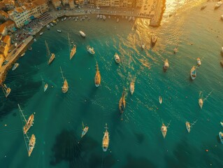 Aerial view of a Busy ports, waterfront promenades, sailing boats gliding.
