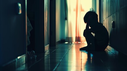 Sad child suffering from depression sitting alone in corridor feeling loneliness. Scared fearful small boy covering face in silhouette at home - obrazy, fototapety, plakaty