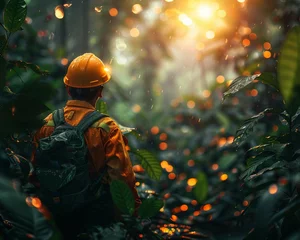 Foto op Plexiglas Eco-friendly miner, hard hat, checking equipment, in lush rainforest, surrounded by endangered wildlife Realistic, soft golden hour lighting, depth of field bokeh effect © Jiraphiphat
