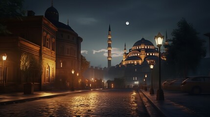 Fototapeta na wymiar Night View of the Street with Mosque in Istanbul