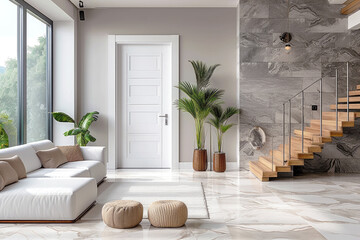 White front door in a modern interior, in light colors. Interior design in a minimalist style.