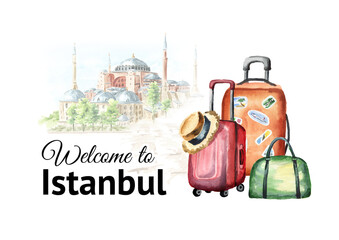 Naklejka premium Welcome to Turkeyю Hagia Sophia mosque museum in Istanbul. Hand drawn watercolor illustration, isolated on white background